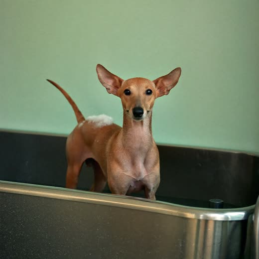 A small wet dog standing in a stainless steel grooming bath with suds on its coat